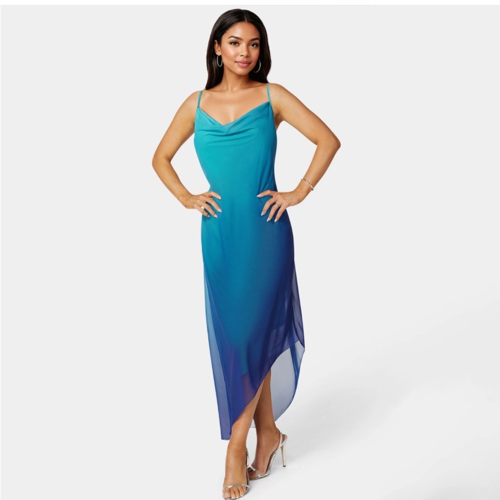 Bebe Teal and Navy Asymmetrical Cowl Neck Ombre Dress